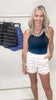Comfy striped knit shorts with drawstring waist and sleek silhouette by Rae Mode.