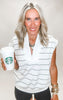 White sleeveless V-neck top with luxe black stripe detail and soft scuba-modal fabric.