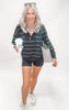 Striped black and white long sleeve quarter zip with mock neck and drop shoulders for a cozy-chic vibe.