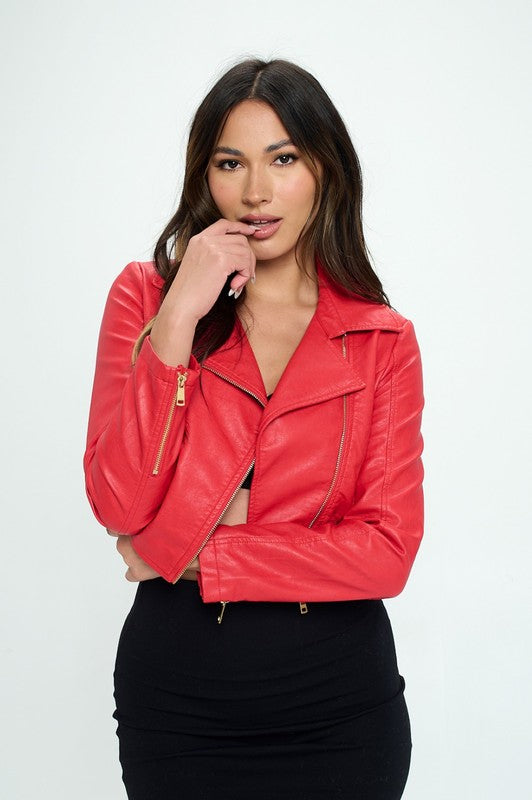 Red Vegan Leather Moto Jacket