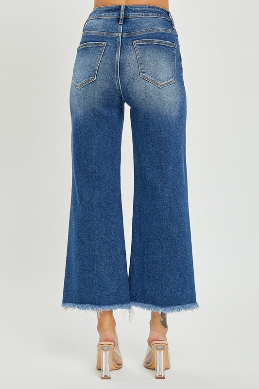 High Rise Frayed Ankle Wide Leg Denim Jeans - Risen