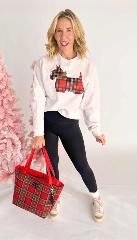 Scottie Red Plaid Dog Crew Neck Graphic Sweatshirt