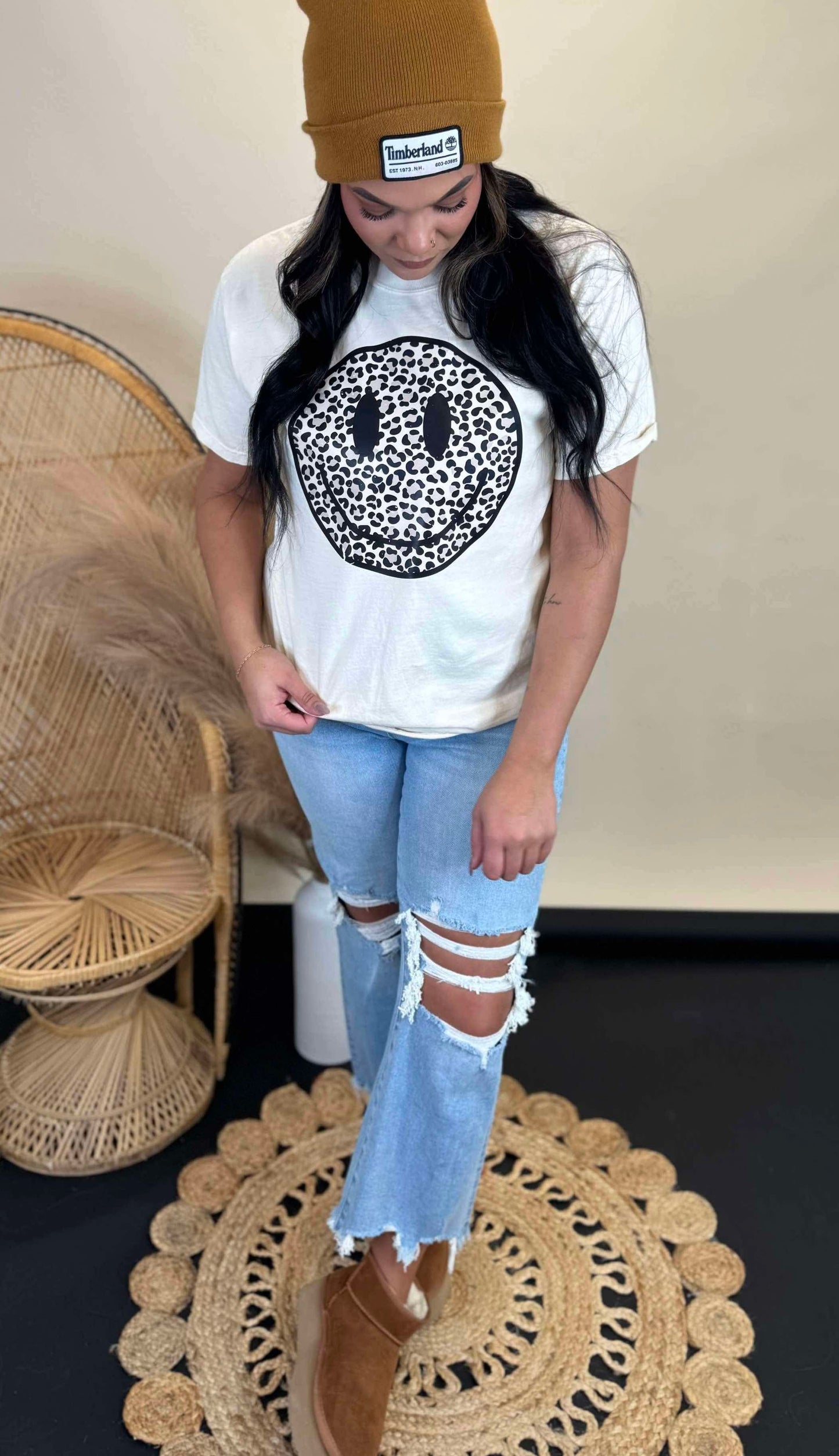 Leopard Smiley Face Garment Dyed Graphic T-shirt