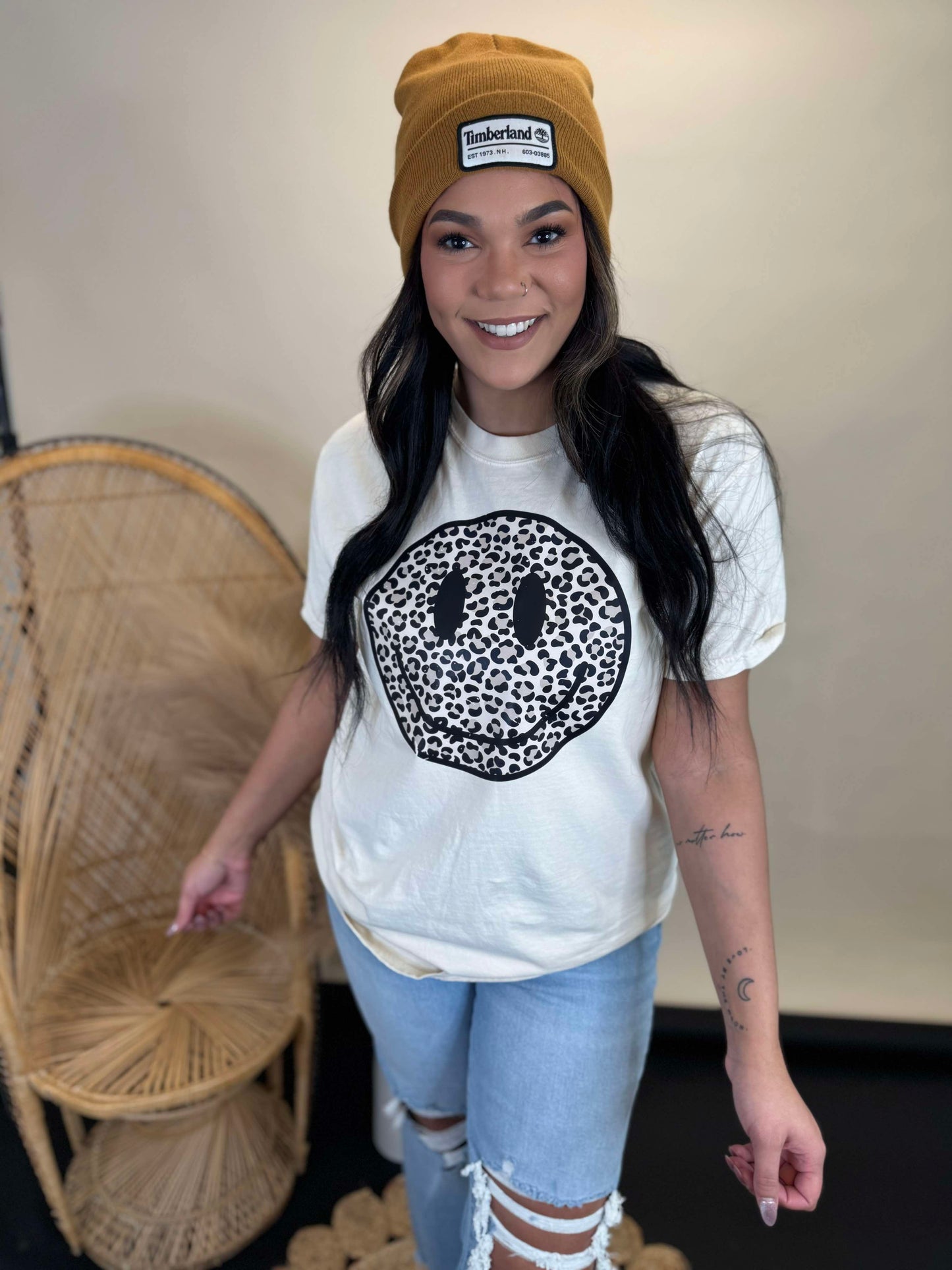 Leopard Smiley Face Garment Dyed Graphic T-shirt