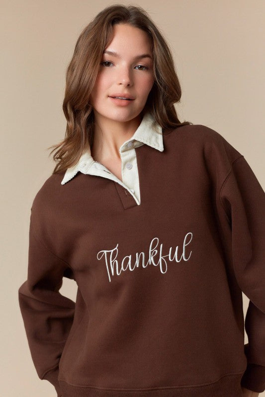 Thankful Embroidery Detail Fleece Sweatshirt | PEACH LOVE