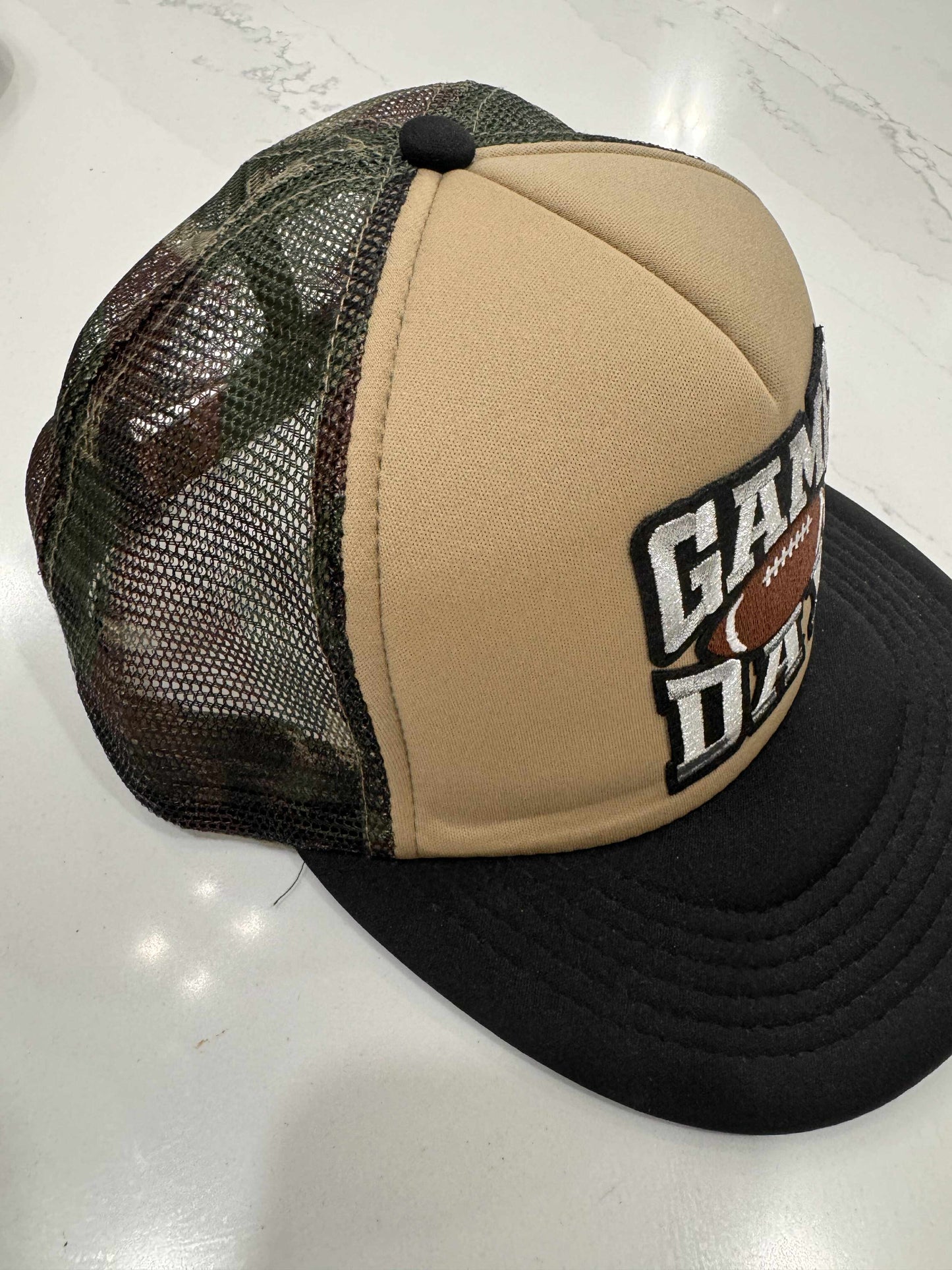 Sara's Custom Tan & Camo Mesh Game Day Trucker Hat