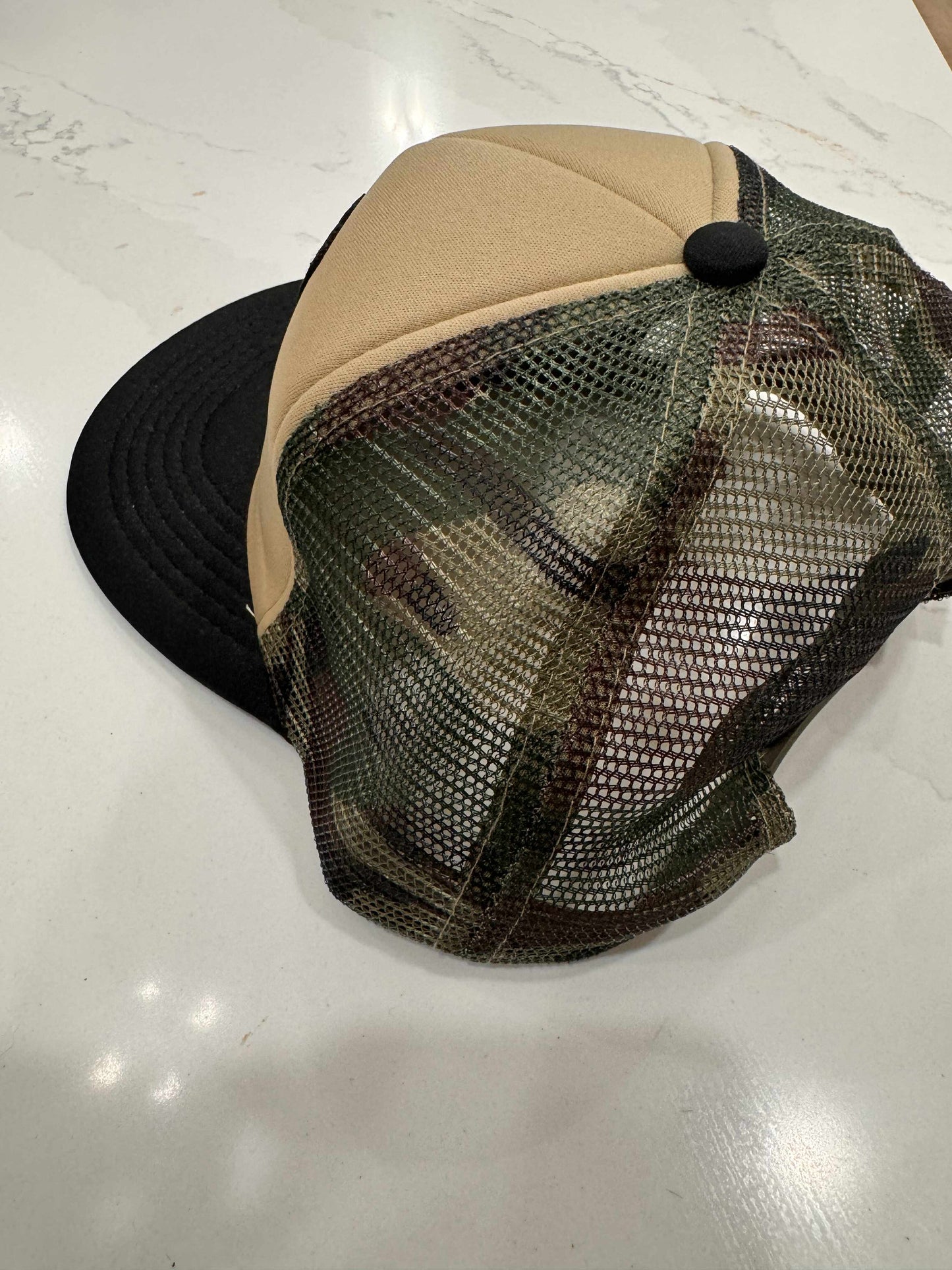 Sara's Custom Tan & Camo Mesh Game Day Trucker Hat