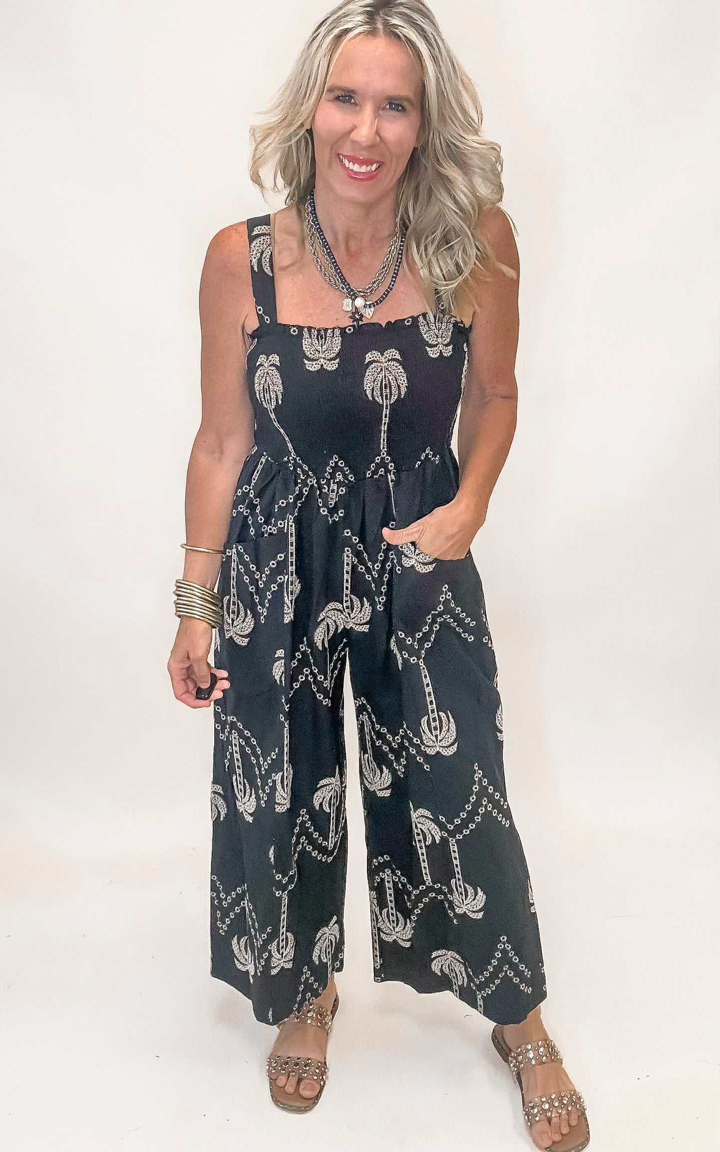 Boho Smocked Wide-Leg Jumpsuit