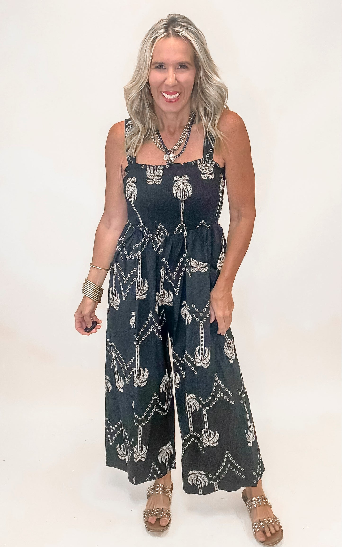 Boho Smocked Wide-Leg Jumpsuit