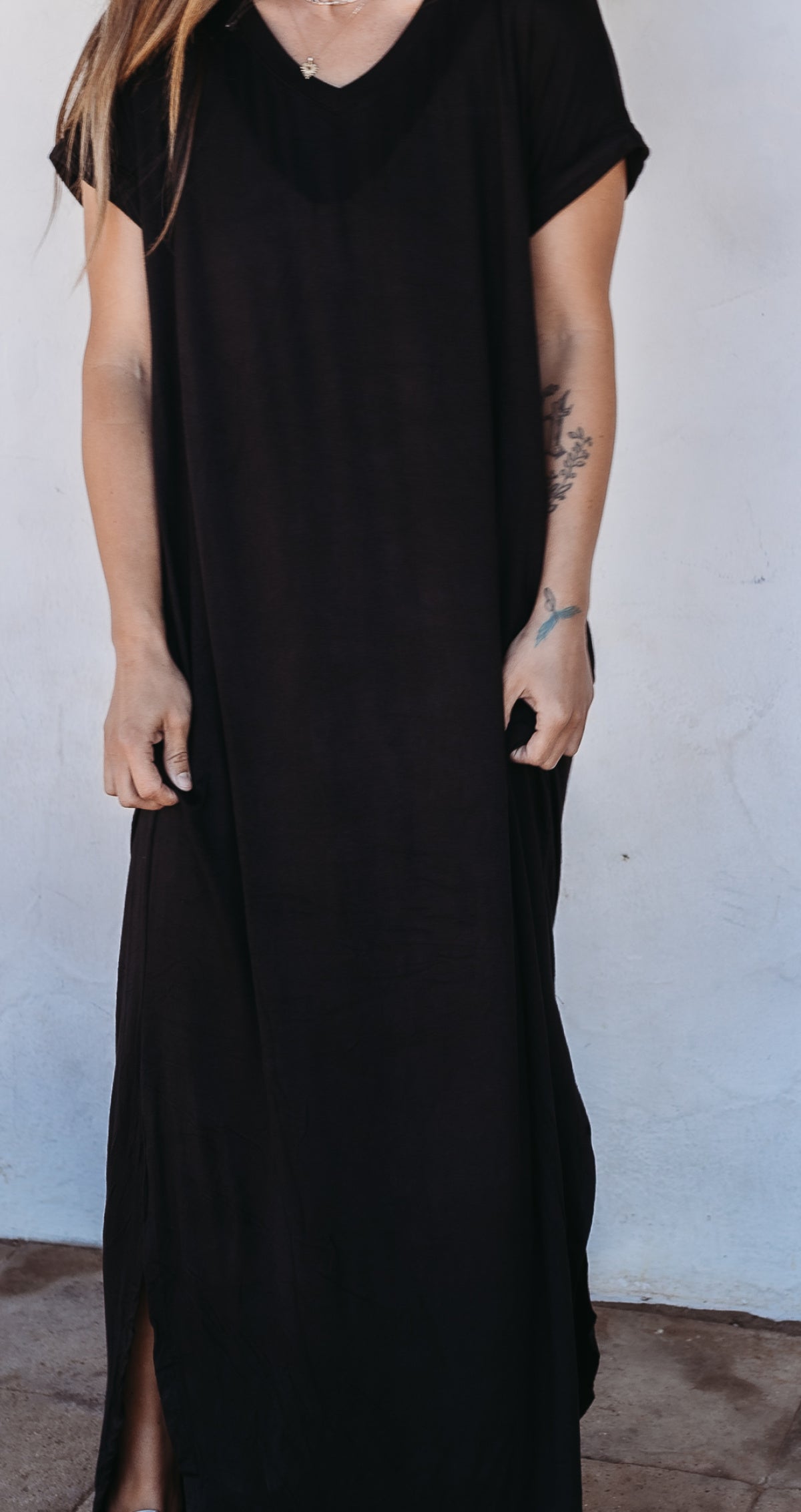 Rae Mode V Neck Basic Side Slit Maxi Dress with Pocket