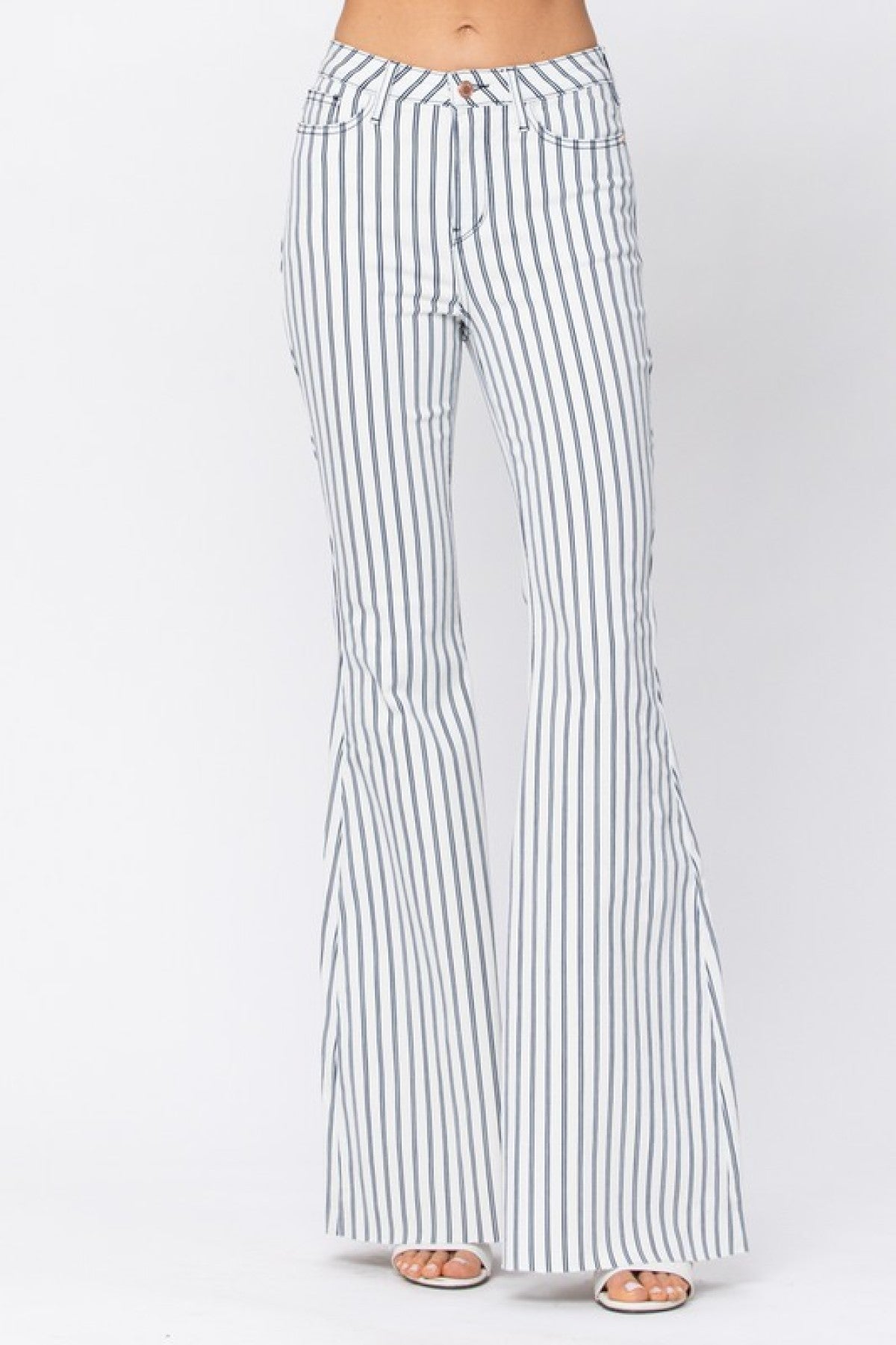 Judy Blue High Waist Super Flare White Pin Stripe Jeans