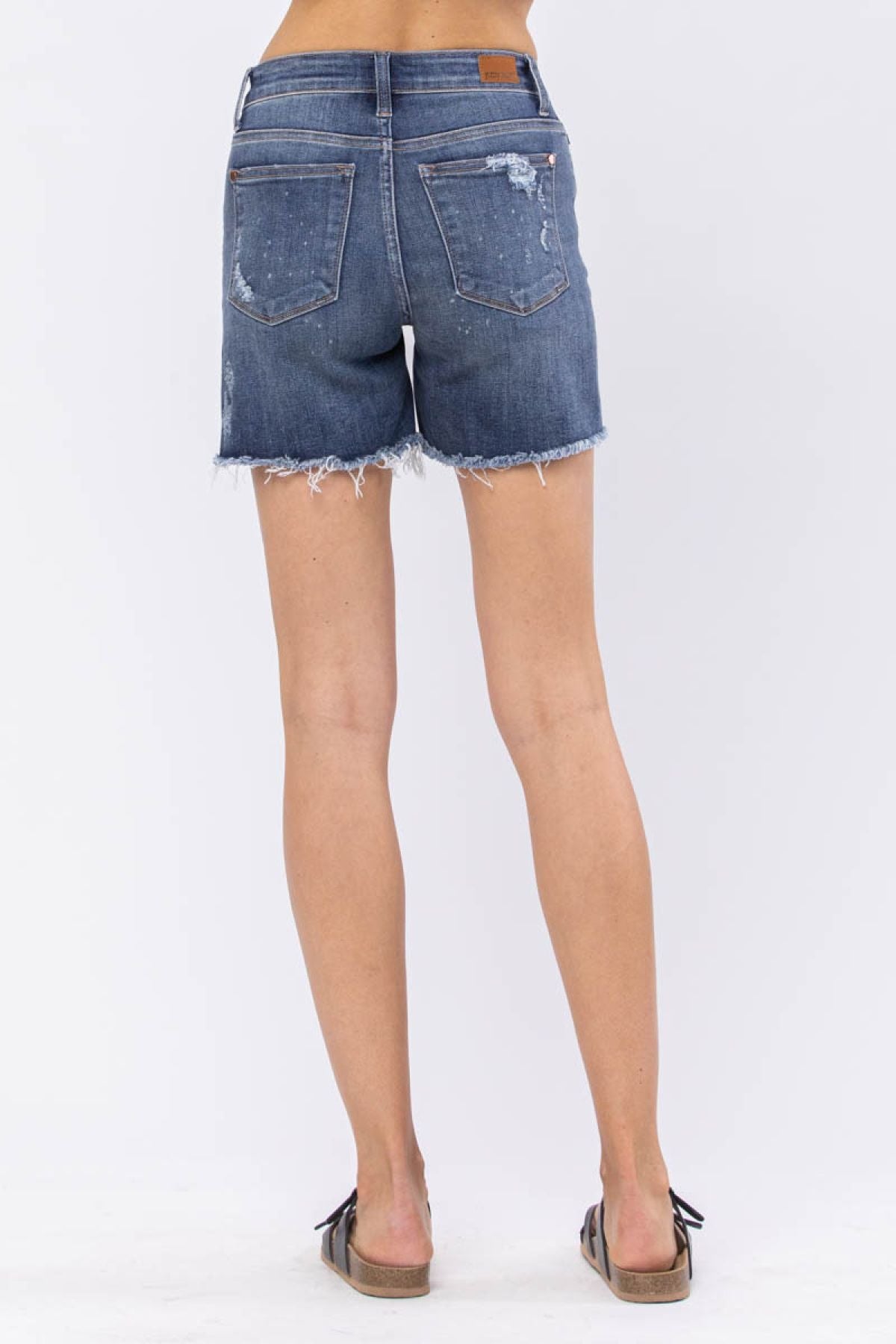 Judy Blue Mid-Rise Bleach Splash Destroyed Raw Hem Denim Shorts