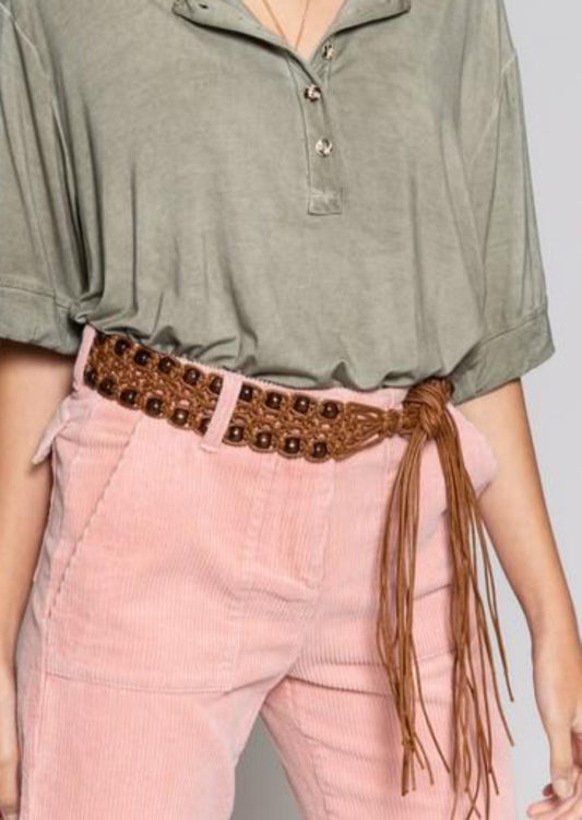  Leatherette Coffee Fringe Belt, ACCESSORIES, POL, BAD HABIT BOUTIQUE 