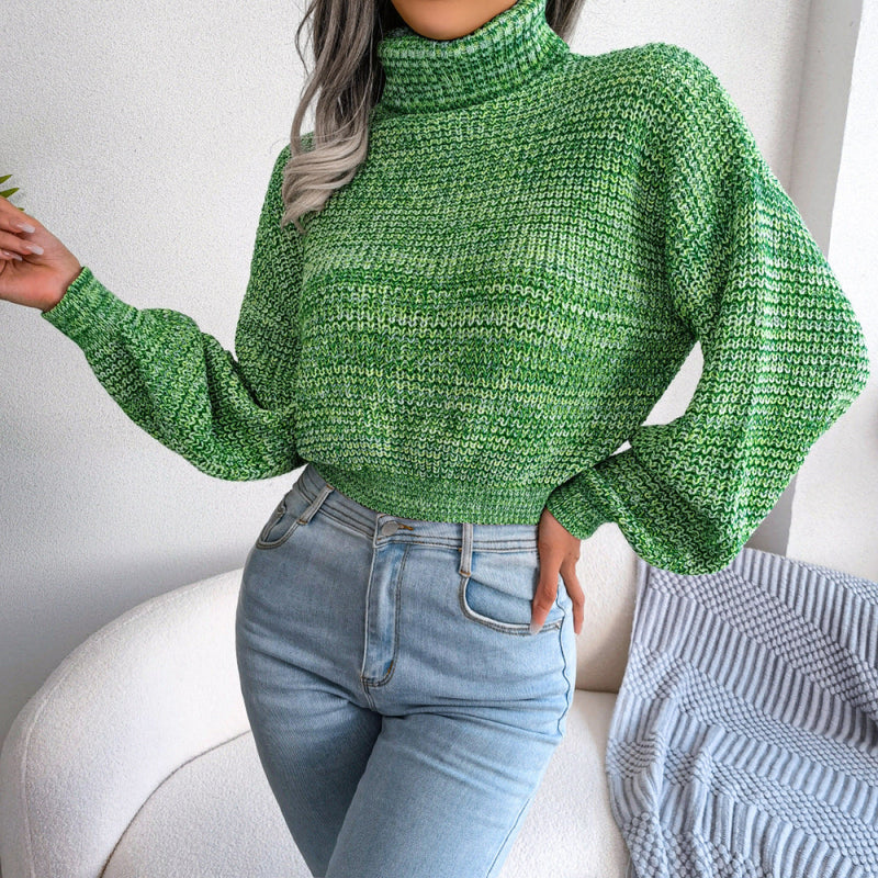 Green Turtleneck Lantern Sleeve Cinched Waist Knit Sweater
