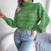 Green Turtleneck Lantern Sleeve Cinched Waist Knit Sweater