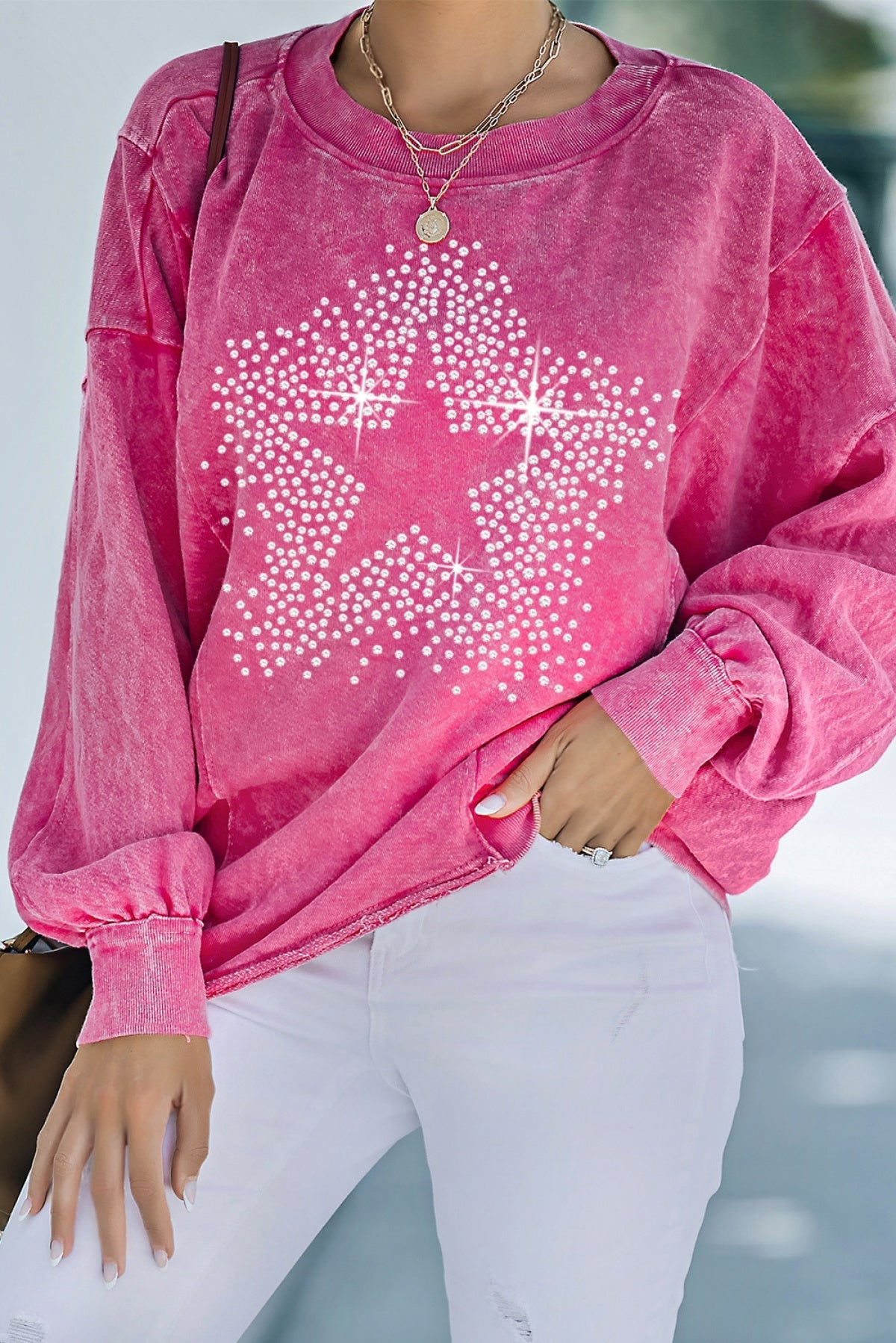 Rose Rhinestone Star Graphic Mineral Wash Sweatshirt