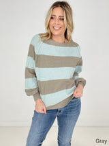 Grey Round Neck Long Sleeve Colorblock Sweater