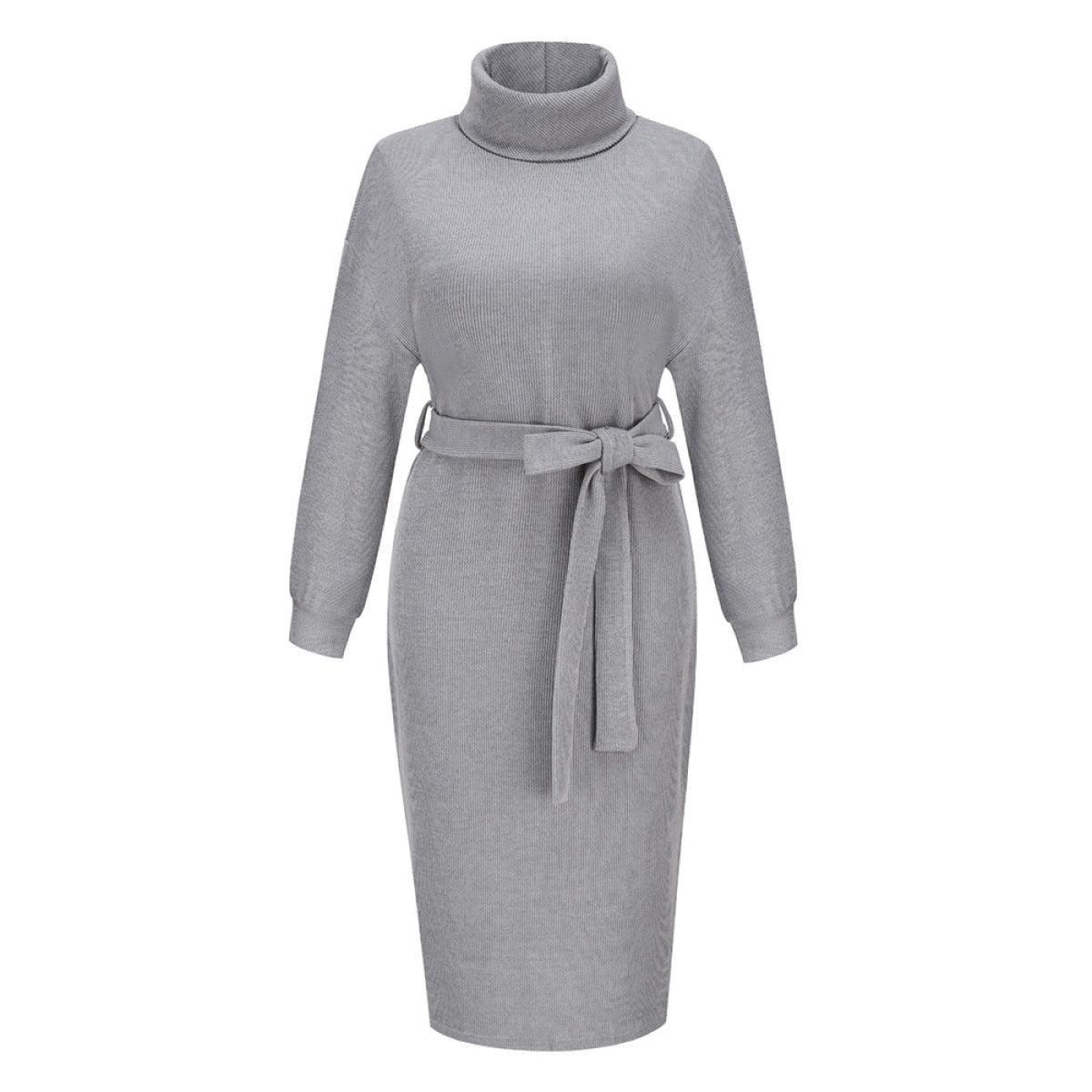 Solid Color Turtleneck Belted Sweater Dress