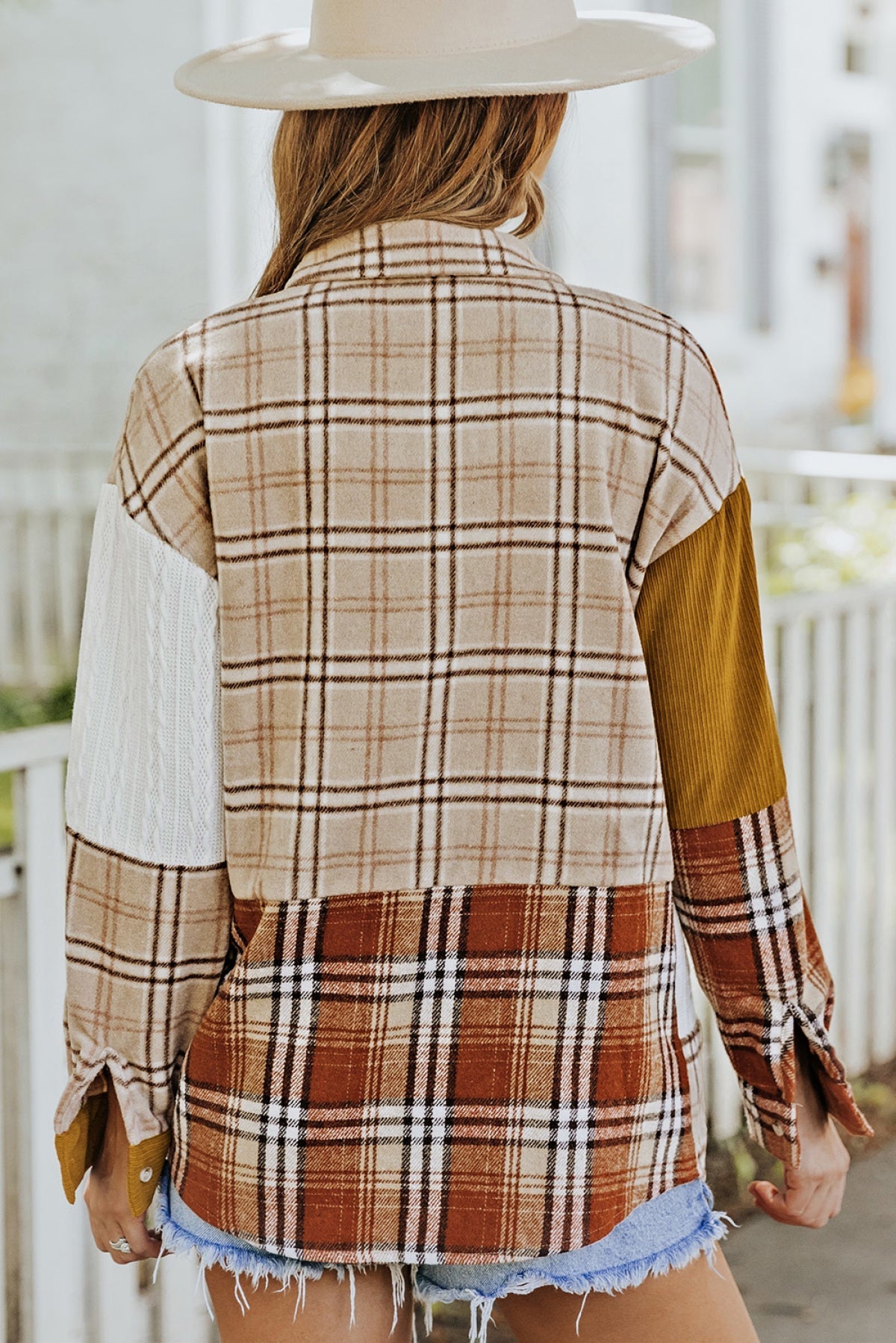 Orange Plaid Color Block Patchwork Shirt Jacket With Pocket