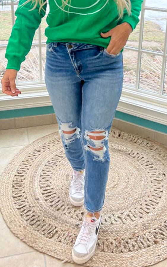 High Rise Boyfriend Criss Cross Denim Jeans - Mica