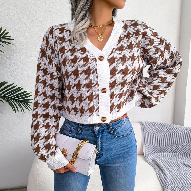 V-Neck Button Up Houndstooth Short Cardigan