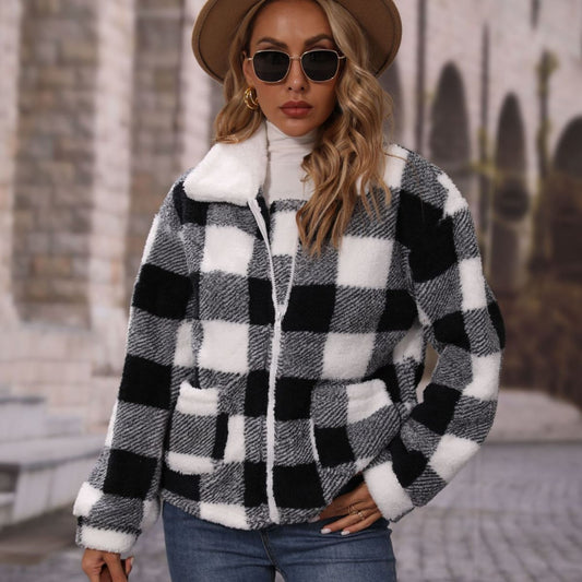 Collared Black and White Plaid Polar Fleece Jacket