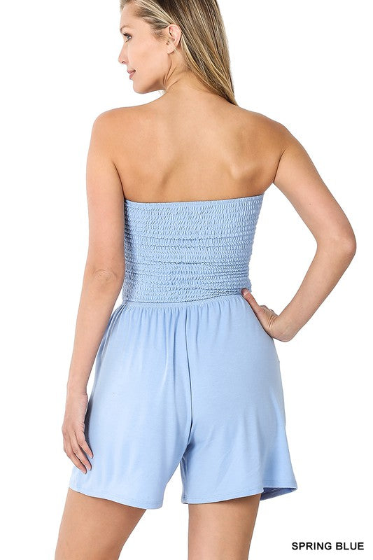 SMOCKED TUBE ROMPER WITH POCKET - Zenana