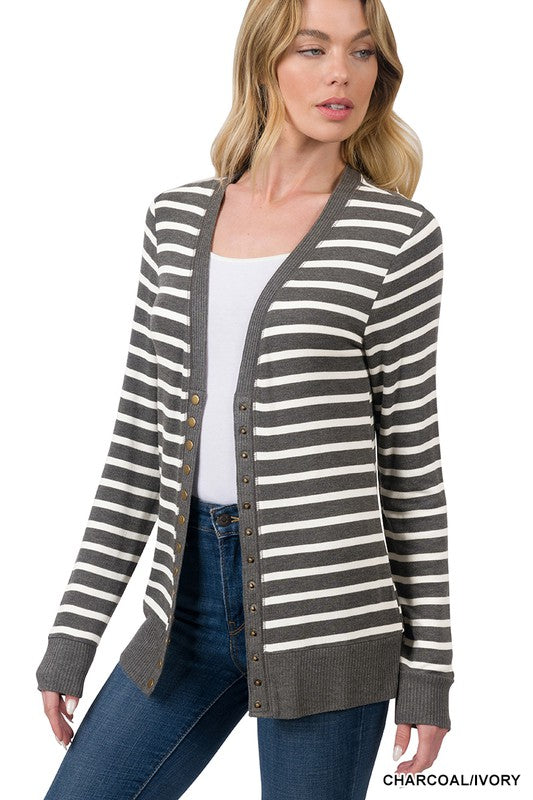 STRIPED SNAP BUTTON CARDIGAN | ZENANA | LA PREORDER (1122)