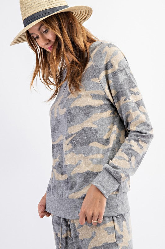 Camo Printed Round Neckline Long Sleeves Top | RAE MODE - Final Sale*