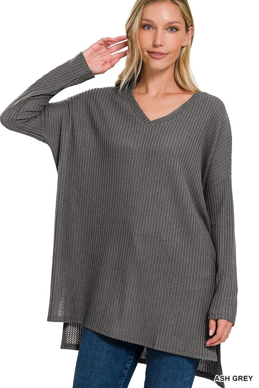 BRUSHED THERMAL WAFFLE V-NECK HI-LOW HEM SWEATER | ZENANA - FINAL SALE