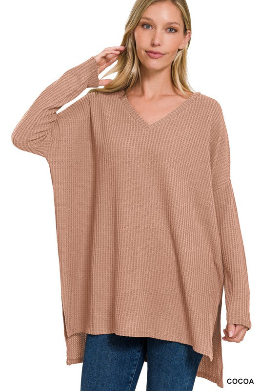 BRUSHED THERMAL WAFFLE V-NECK HI-LOW HEM SWEATER | ZENANA - FINAL SALE