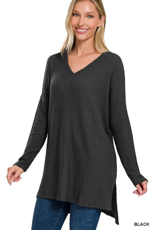 BRUSHED THERMAL WAFFLE V-NECK HI-LOW HEM SWEATER | ZENANA - FINAL SALE