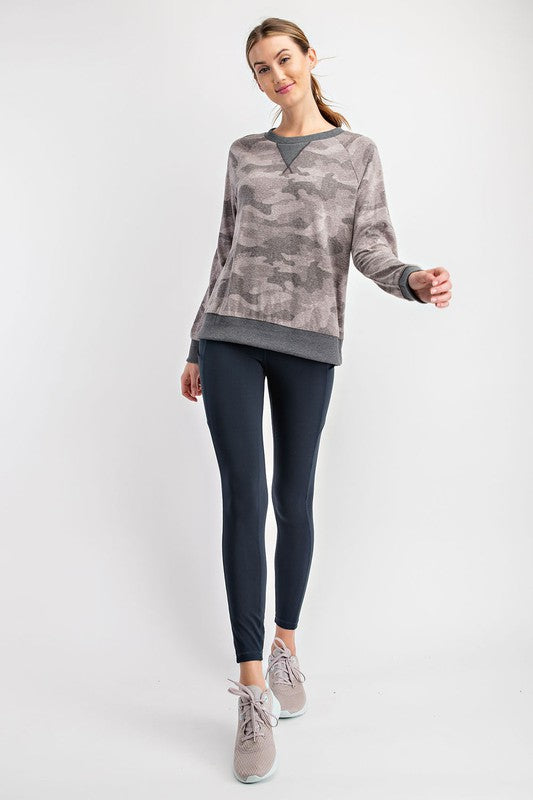 Camo Printed Round Neckline Long Sleeves Top | RAE MODE - Final Sale*