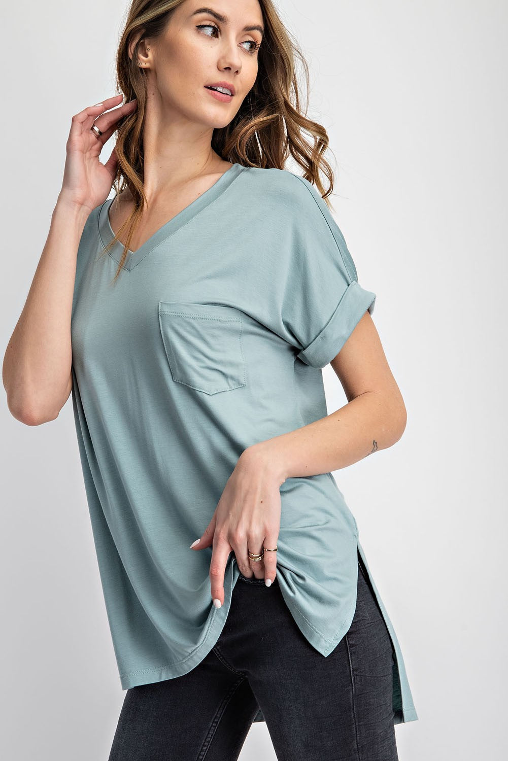 V Neckline Short Sleeve Hi Low Hem Top - Rae Mode Final Sale