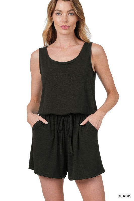 BLACK SLEEVELESS ROMPER WITH POCKETS