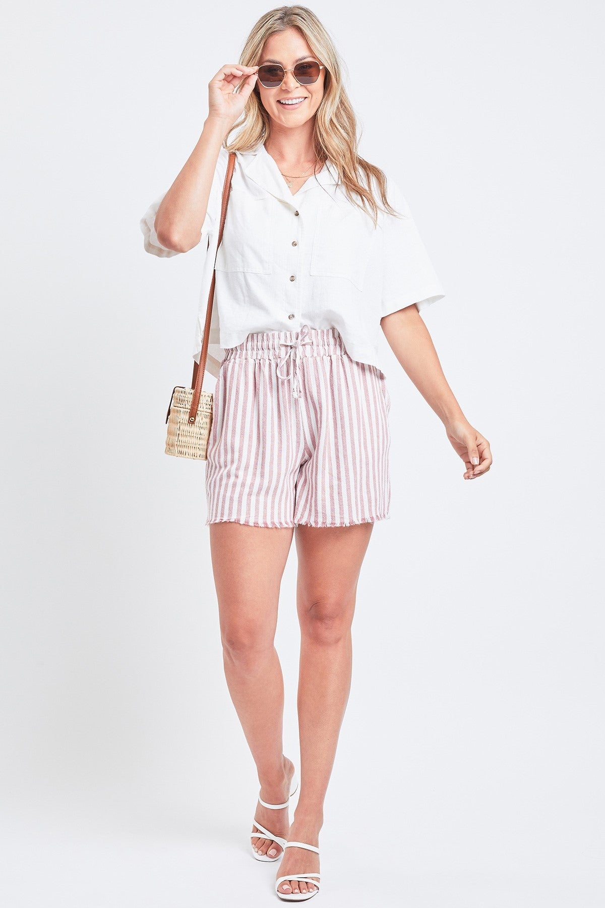 Red Stripe Linen Shorts With Frayed Hem