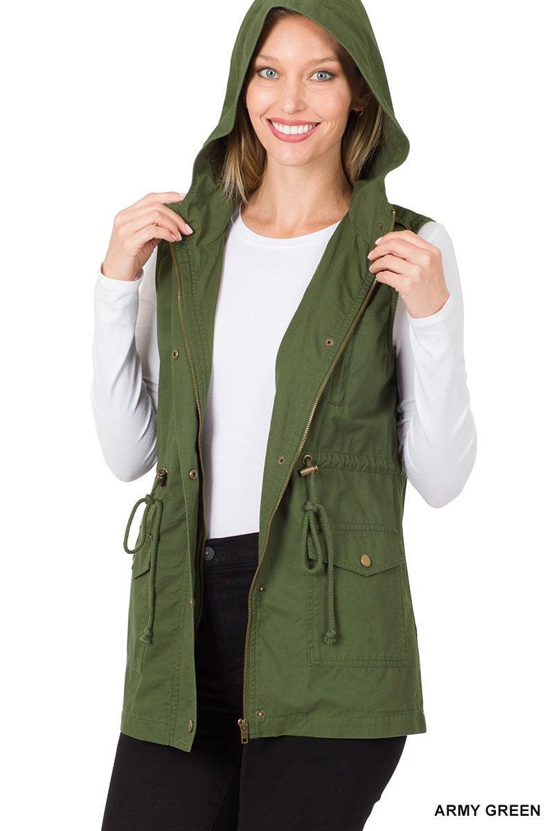 DRAWSTRING WAIST MILITARY HOODIE VEST | ZENANA - Final Sale