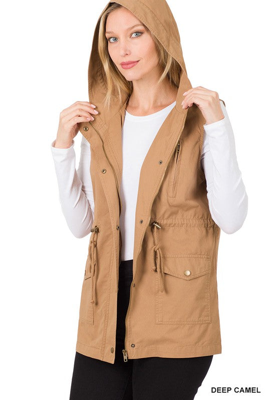 DRAWSTRING WAIST MILITARY HOODIE VEST | ZENANA - Final Sale