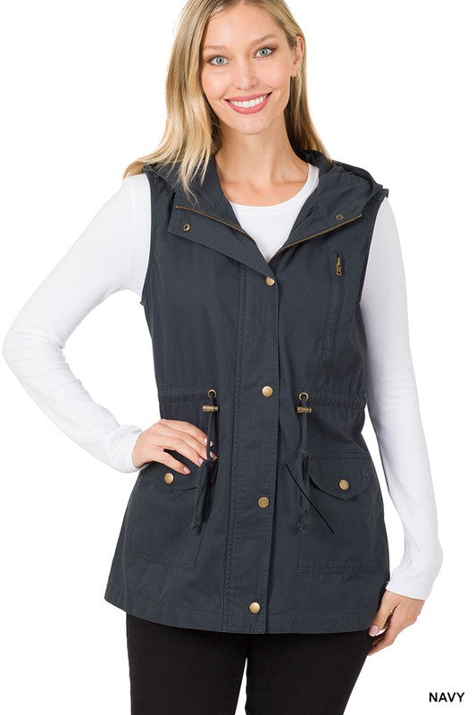 DRAWSTRING WAIST MILITARY HOODIE VEST | ZENANA - Final Sale