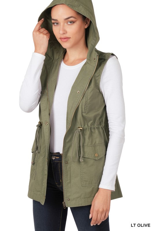 DRAWSTRING WAIST MILITARY HOODIE VEST | ZENANA - Final Sale