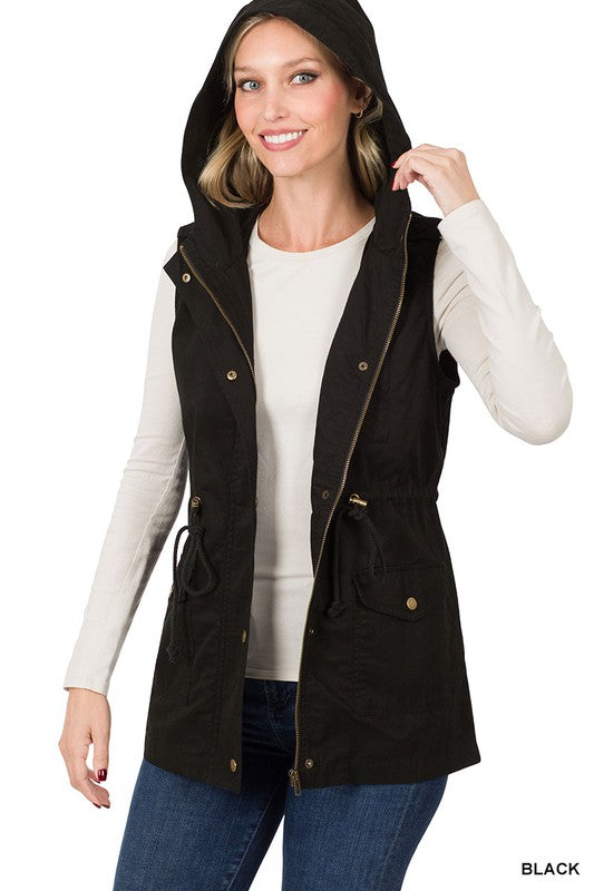 DRAWSTRING WAIST MILITARY HOODIE VEST | ZENANA - Final Sale