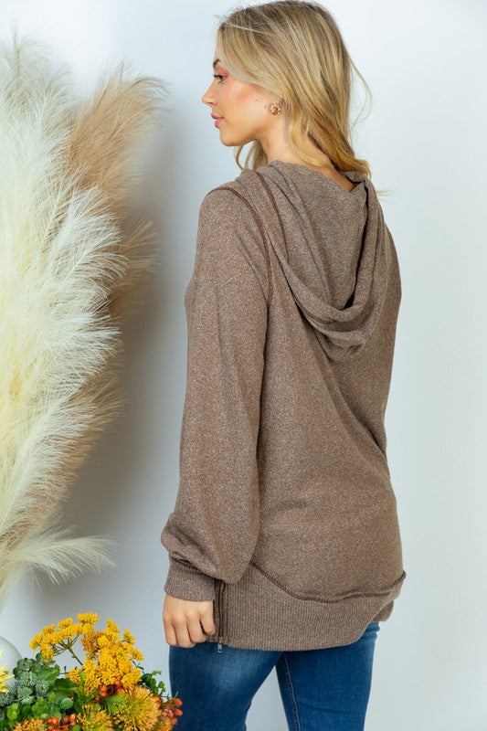 Long Sleeve Solid Knit Top with Hoodie | White Birch FINAL SALE