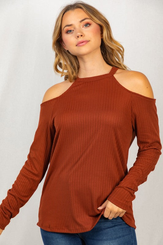 Solid Knit Cold Shoulder Top | WHITE BIRCH - LA PREORDER