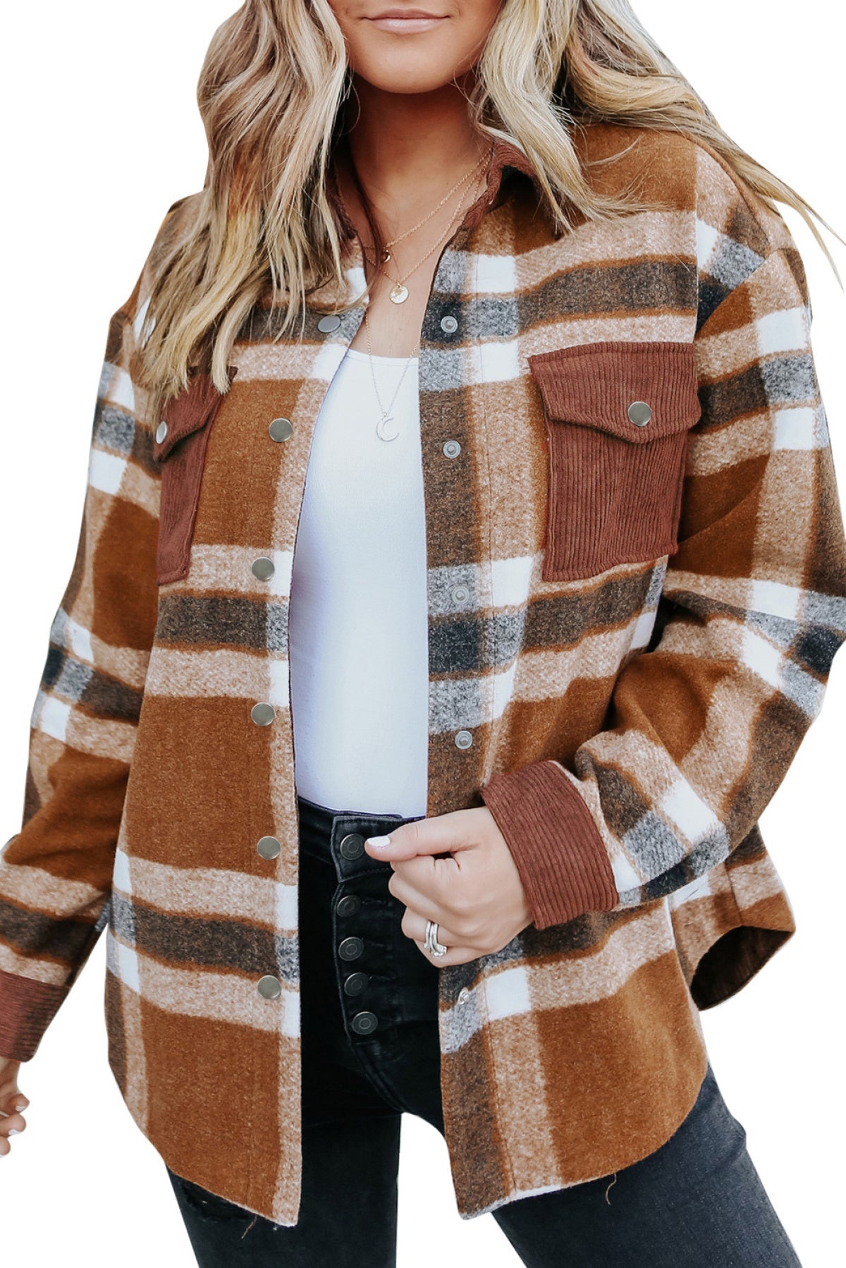 Brown Pocketed Buttoned Plaid Shirt Jacket