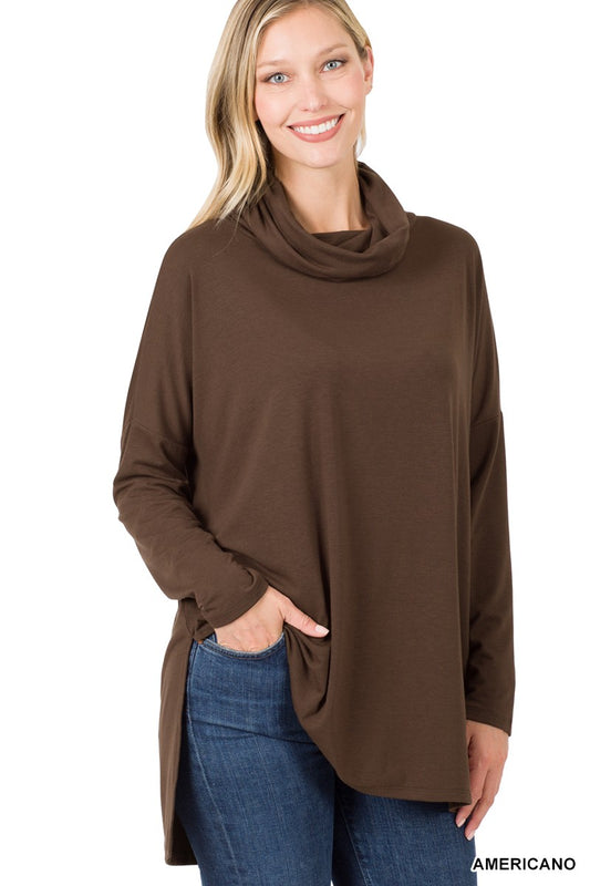 COWL NECK LONG SLEEVE HI-LOW TOP | ZENANA - Final Sale