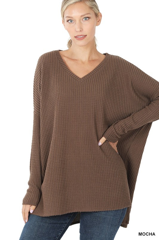 BRUSHED THERMAL WAFFLE V-NECK HI-LOW HEM SWEATER | ZENANA - FINAL SALE