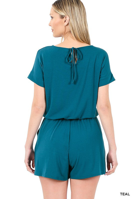 ROMPER WITH ELASTIC WAIST & BACK KEYHOLE OPENING - Zenana