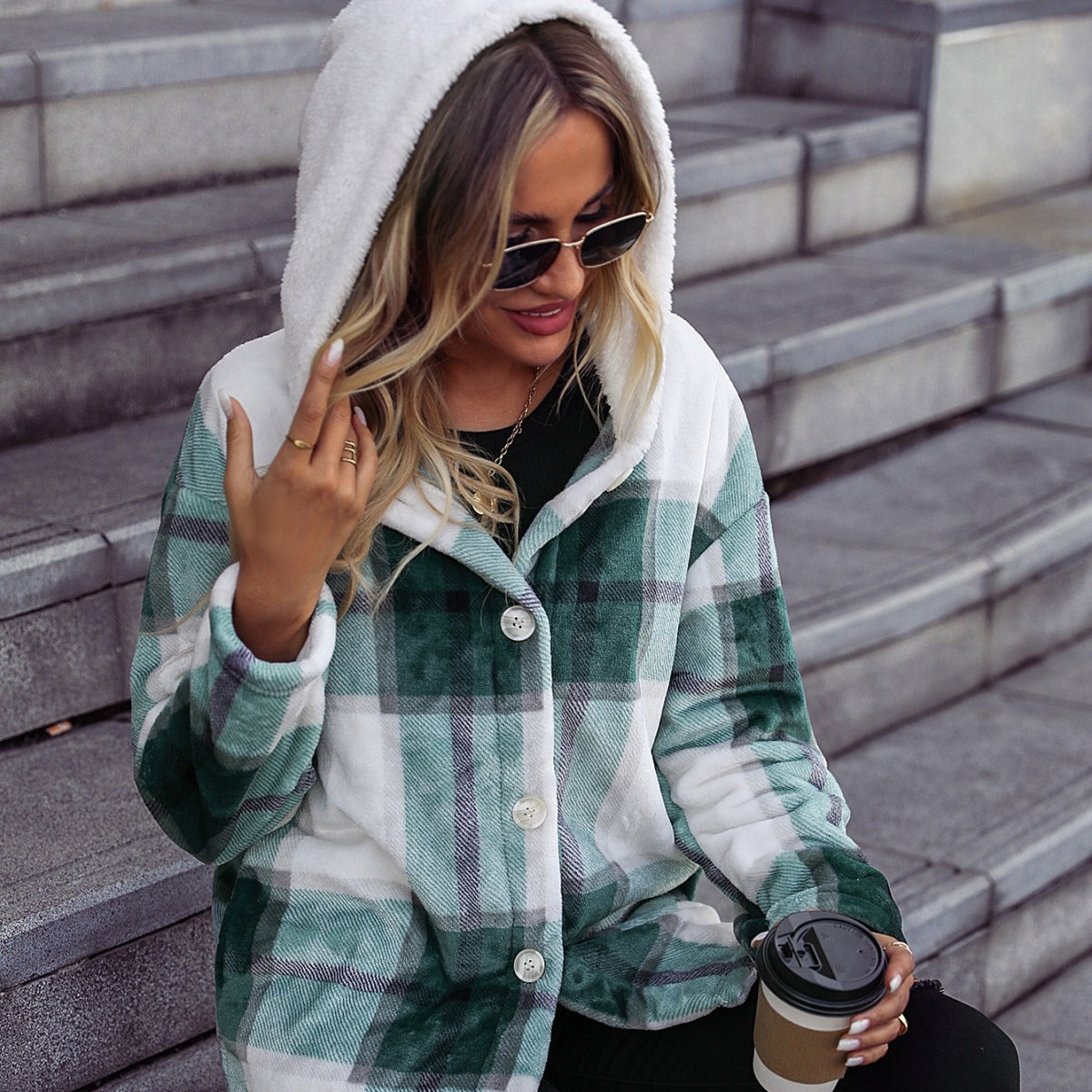 Fuzzy Hooded Plaid Fleece Jacket