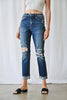 High Rise Boyfriend Crop w/ Cuff Denim Jeans - MICA