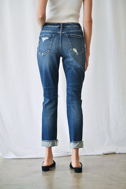 High Rise Boyfriend Crop w/ Cuff Denim Jeans - MICA